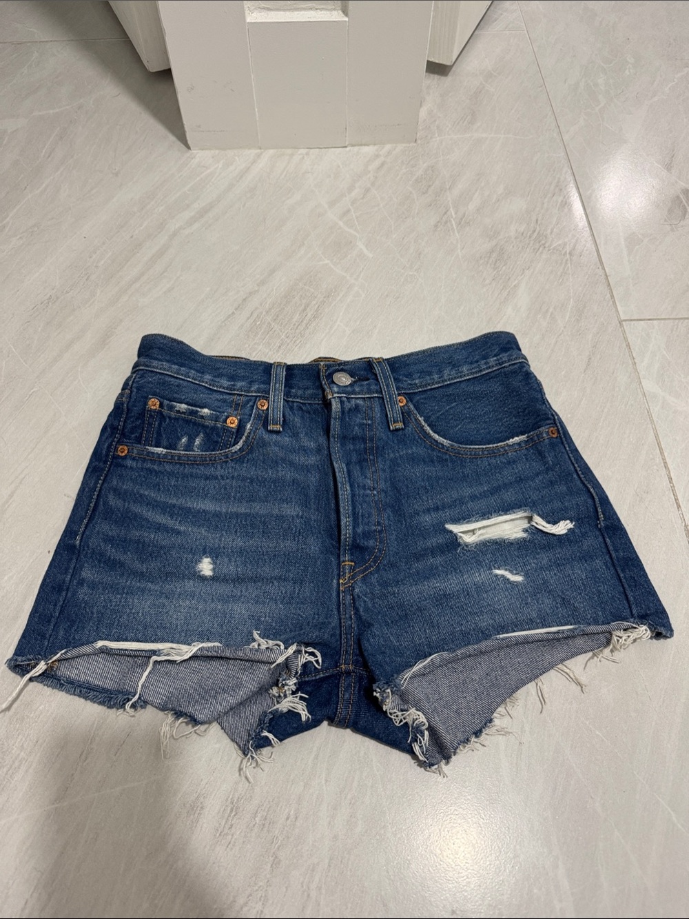 Levi’s 501 High-Rise Distressed Dark Blue Denim Shorts